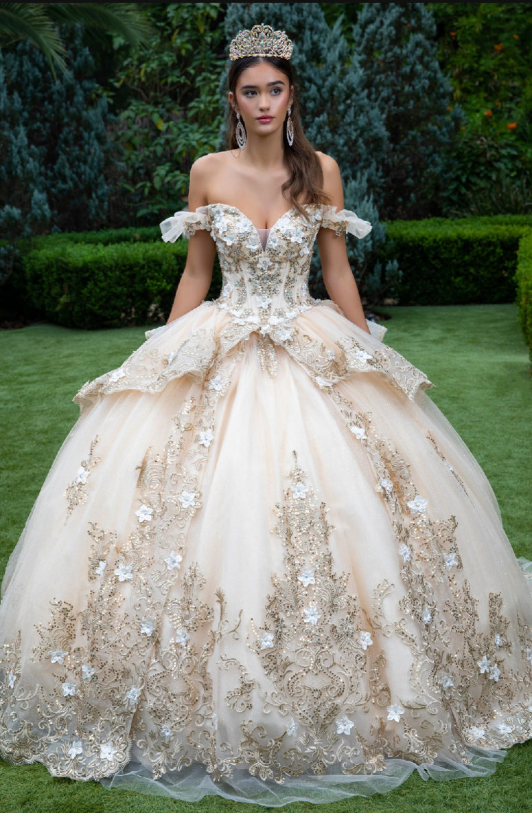 Dress with metallic embroidery, 3D flower appliques, the jewels, and the sequins. Gl3528 by Gloria