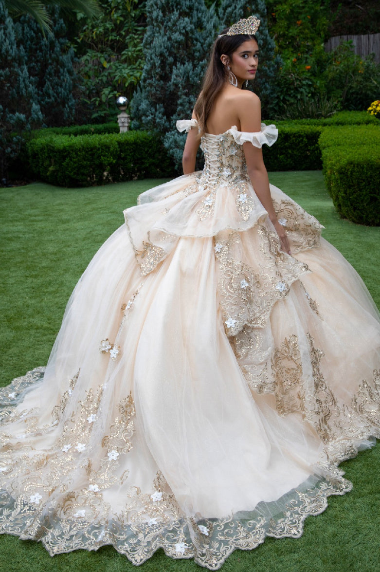 Dress with metallic embroidery, 3D flower appliques, the jewels, and the sequins. Gl3528 by Gloria