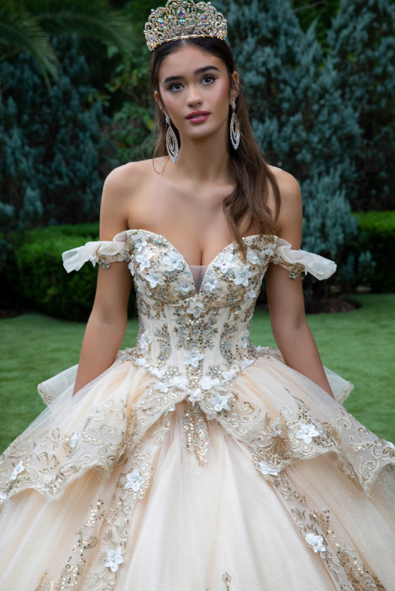 Dress with metallic embroidery, 3D flower appliques, the jewels, and the sequins. Gl3528 by Gloria