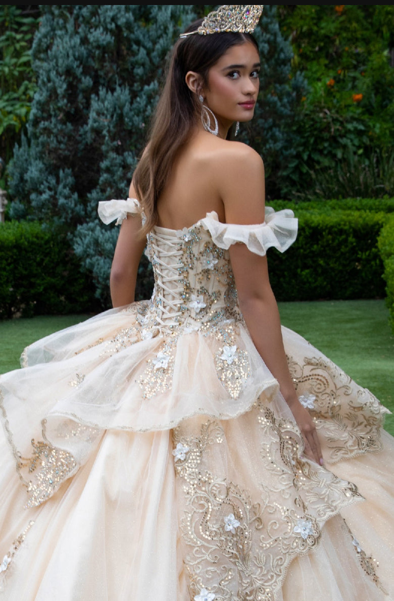 Dress with metallic embroidery, 3D flower appliques, the jewels, and the sequins. Gl3528 by Gloria