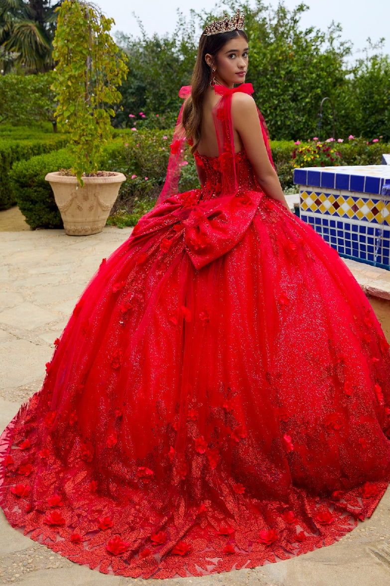 This floor length ball gown is embellished with 3D flower appliques, beads, and sequins. Gl3529 GLS by Gloria