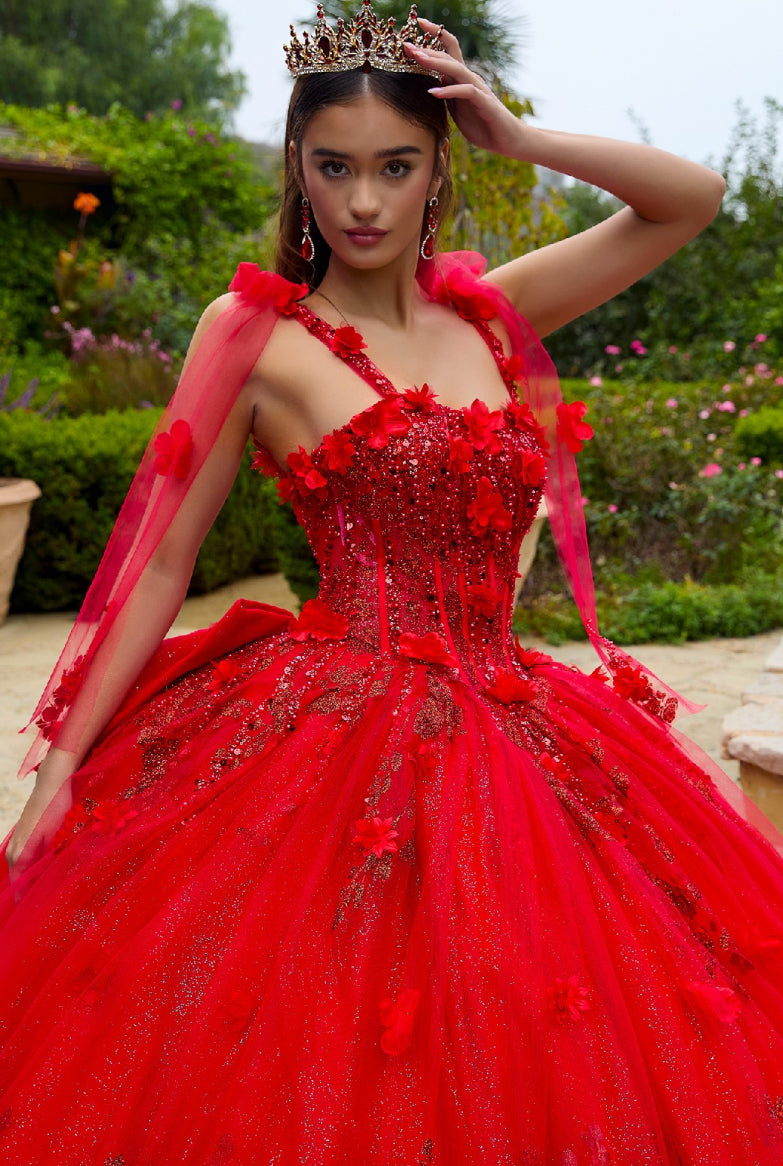 This floor length ball gown is embellished with 3D flower appliques, beads, and sequins. Gl3529 GLS by Gloria