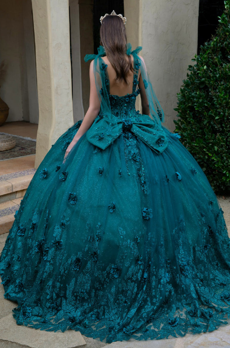 This floor length ball gown is embellished with 3D flower appliques, beads, and sequins. Gl3529 GLS by Gloria