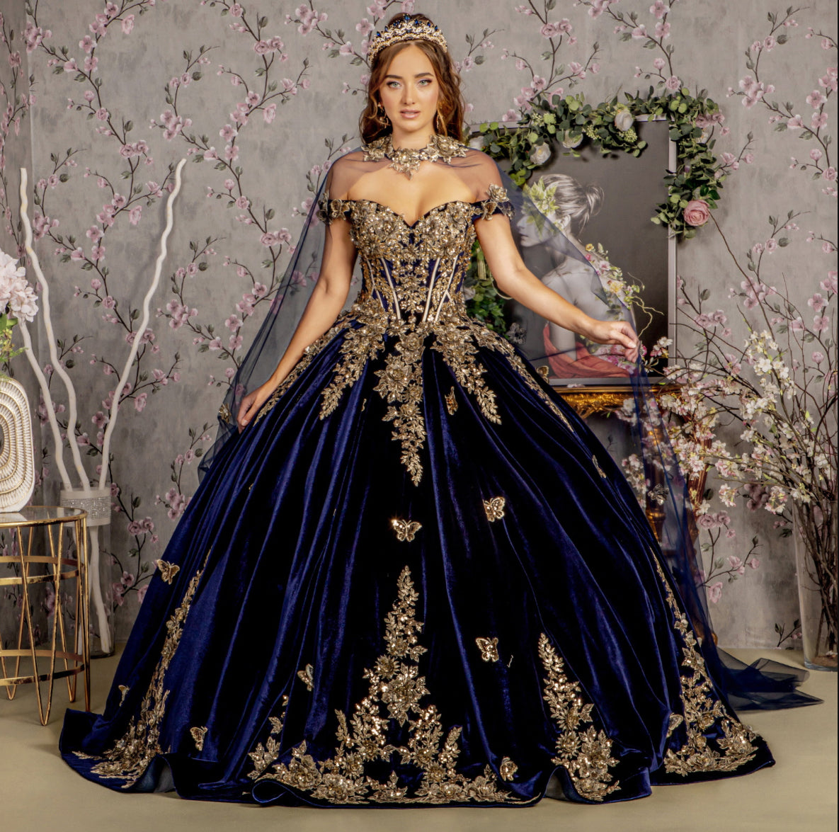 Metallic Embroidery Jewel Velvet Ball Gown w/ Long Mesh Cape. Gl3471 GLS by Gloria