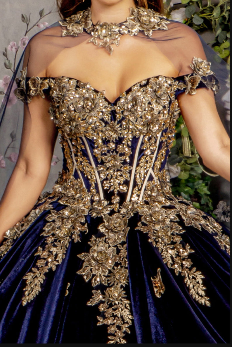 Metallic Embroidery Jewel Velvet Ball Gown w/ Long Mesh Cape. Gl3471 GLS by Gloria