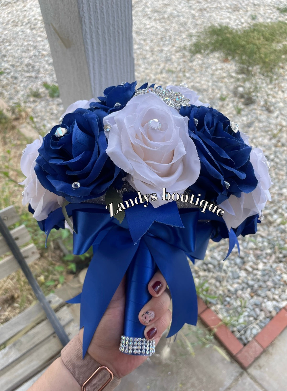 Royal Blue With Cream Bouquet Along with Sparkly SIlver Brooches Bouquet RBCR002 by MARINA'S CRAFT. PREORDER AVAILABLE!