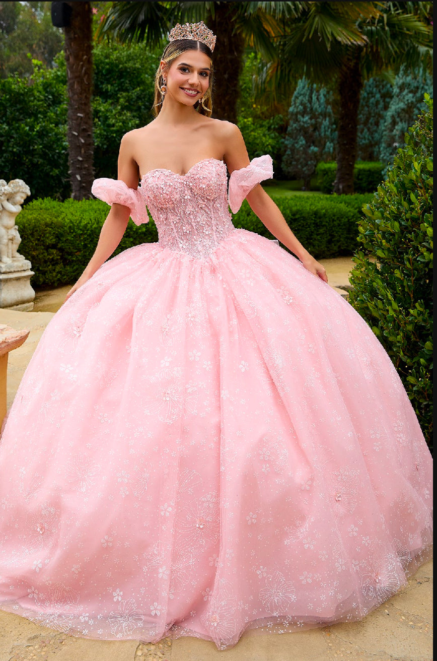 Beads Embellished Glitter Print Sweetheart Quinceanera Dress w/ detachable puff sleeve. Gl3505 GLS by Gloria