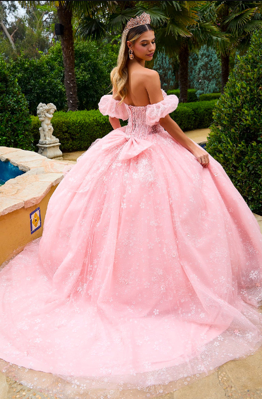 Beads Embellished Glitter Print Sweetheart Quinceanera Dress w/ detachable puff sleeve. Gl3505 GLS by Gloria