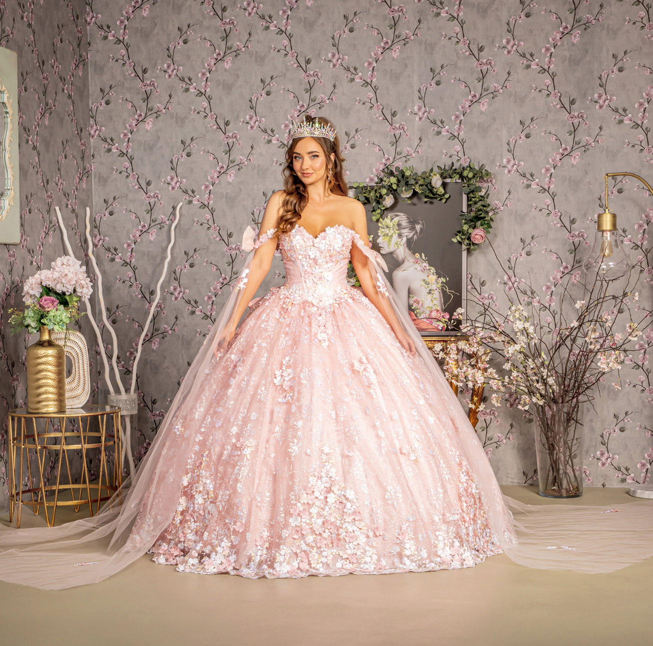 Detachable Ribbons Jewel Mesh Ball Gown w/ Side Mesh Long Drapes. Gl3465 GLS by Gloria