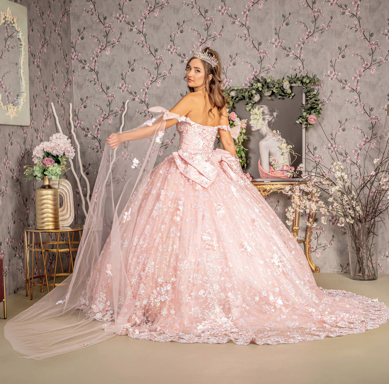 Detachable Ribbons Jewel Mesh Ball Gown w/ Side Mesh Long Drapes. Gl3465 GLS by Gloria
