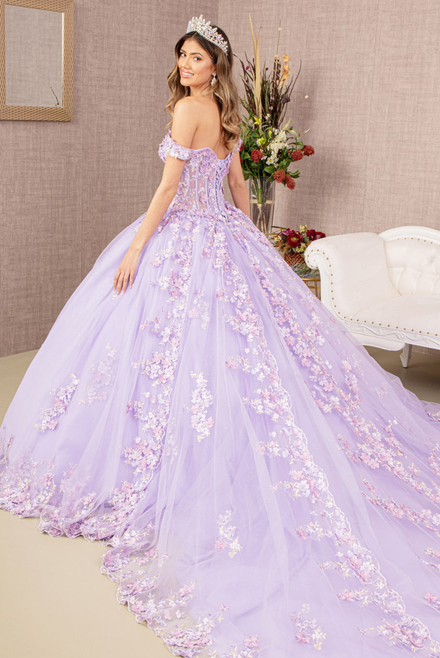 3-D Flower Applique Jewel Mesh Quinceanera Gown w/ Long Tail. Gl3182 GLS by Elizabeth K