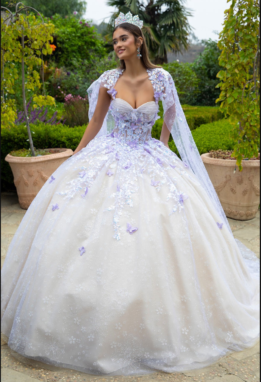 Floral Glitter Pattern 3-D Butterfly Applique Mesh Quinceanera Dress w/ Detachable Mesh Cape. GL3501 GLS by Gloria