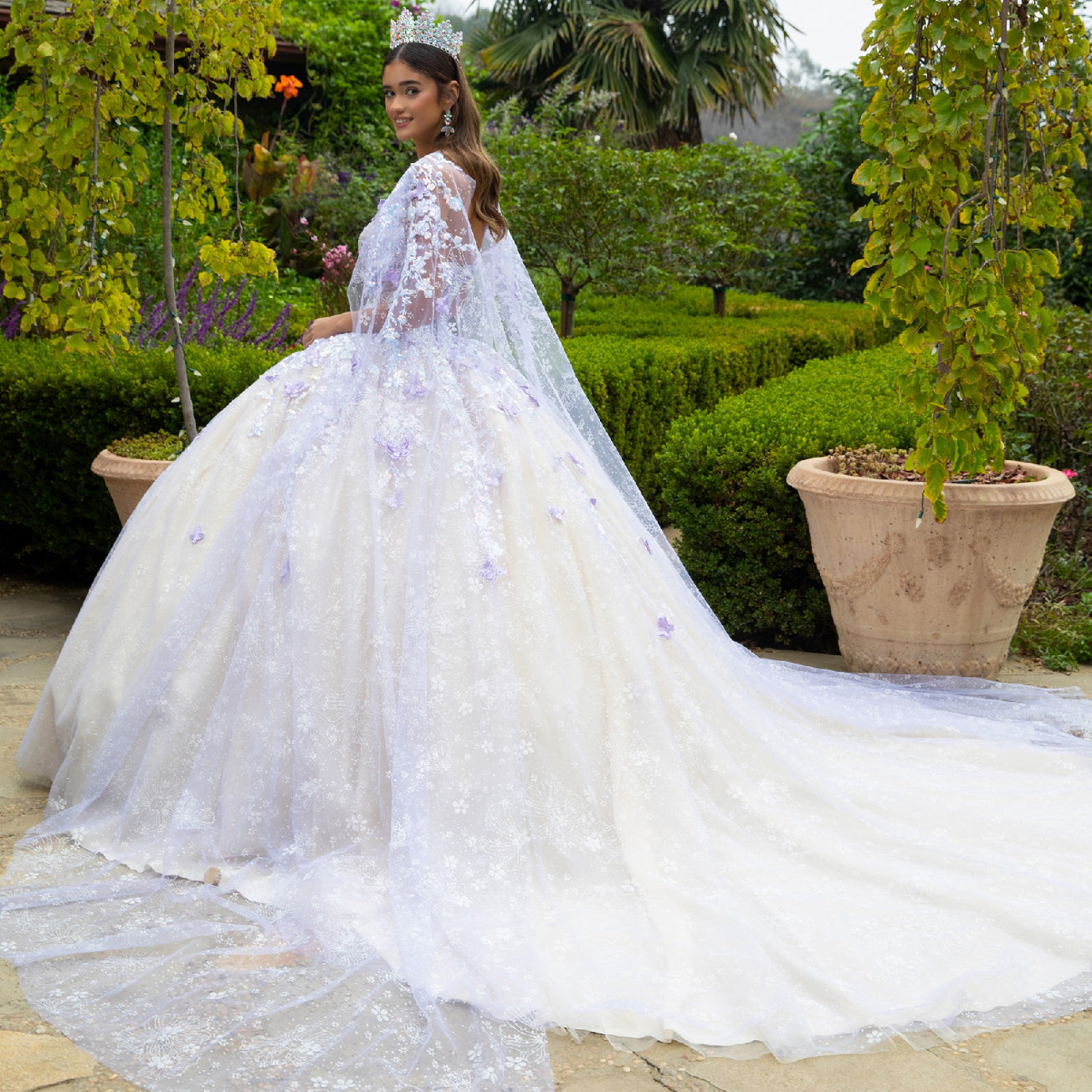 Floral Glitter Pattern 3-D Butterfly Applique Mesh Quinceanera Dress w/ Detachable Mesh Cape. GL3501 GLS by Gloria