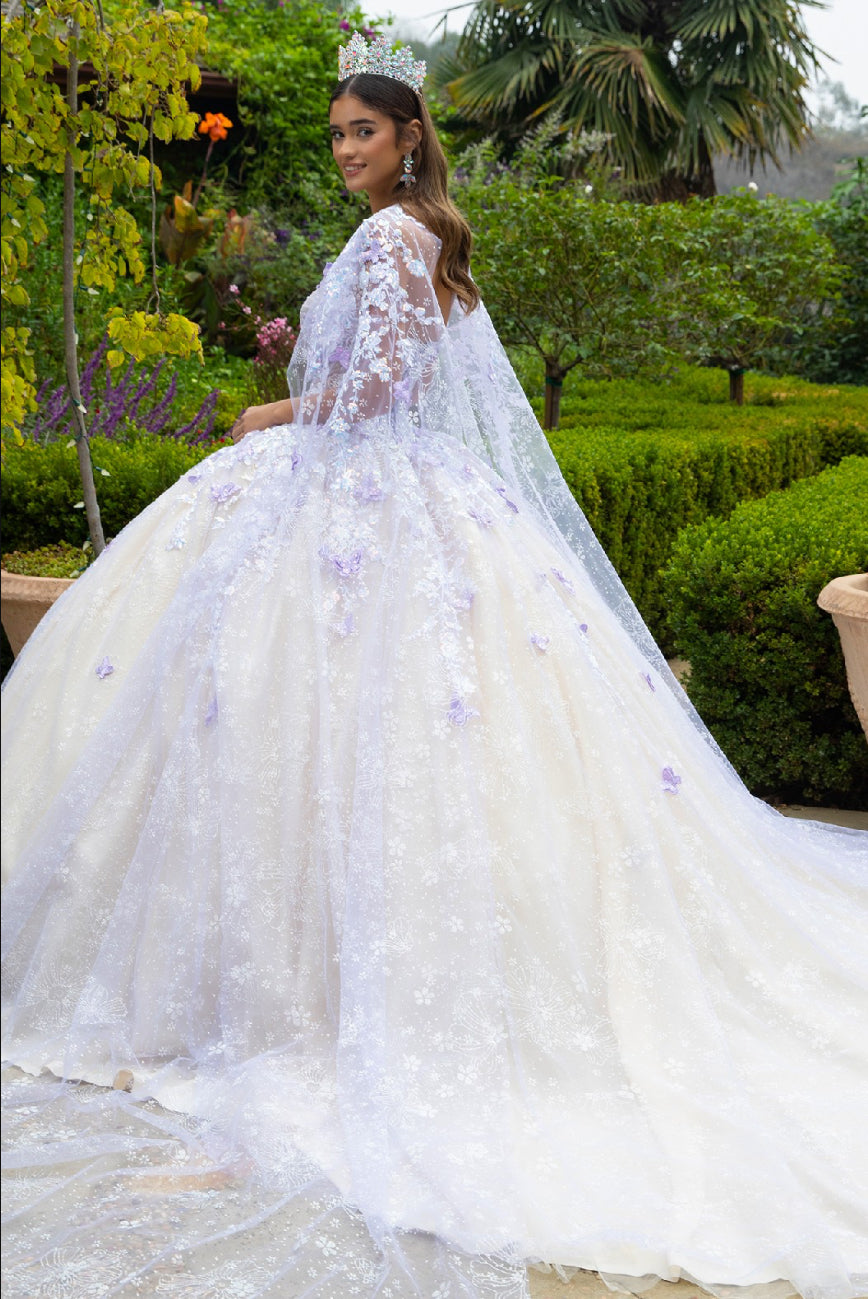 Floral Glitter Pattern 3-D Butterfly Applique Mesh Quinceanera Dress w/ Detachable Mesh Cape. GL3501 GLS by Gloria