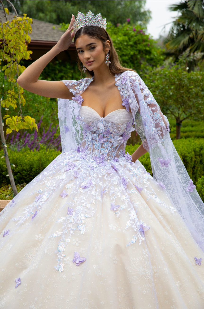 Floral Glitter Pattern 3-D Butterfly Applique Mesh Quinceanera Dress w/ Detachable Mesh Cape. GL3501 GLS by Gloria