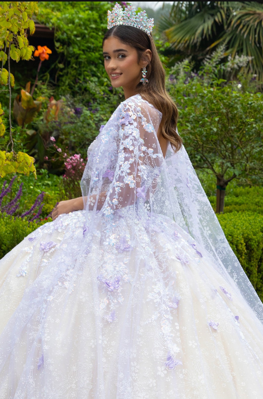 Floral Glitter Pattern 3-D Butterfly Applique Mesh Quinceanera Dress w/ Detachable Mesh Cape. GL3501 GLS by Gloria