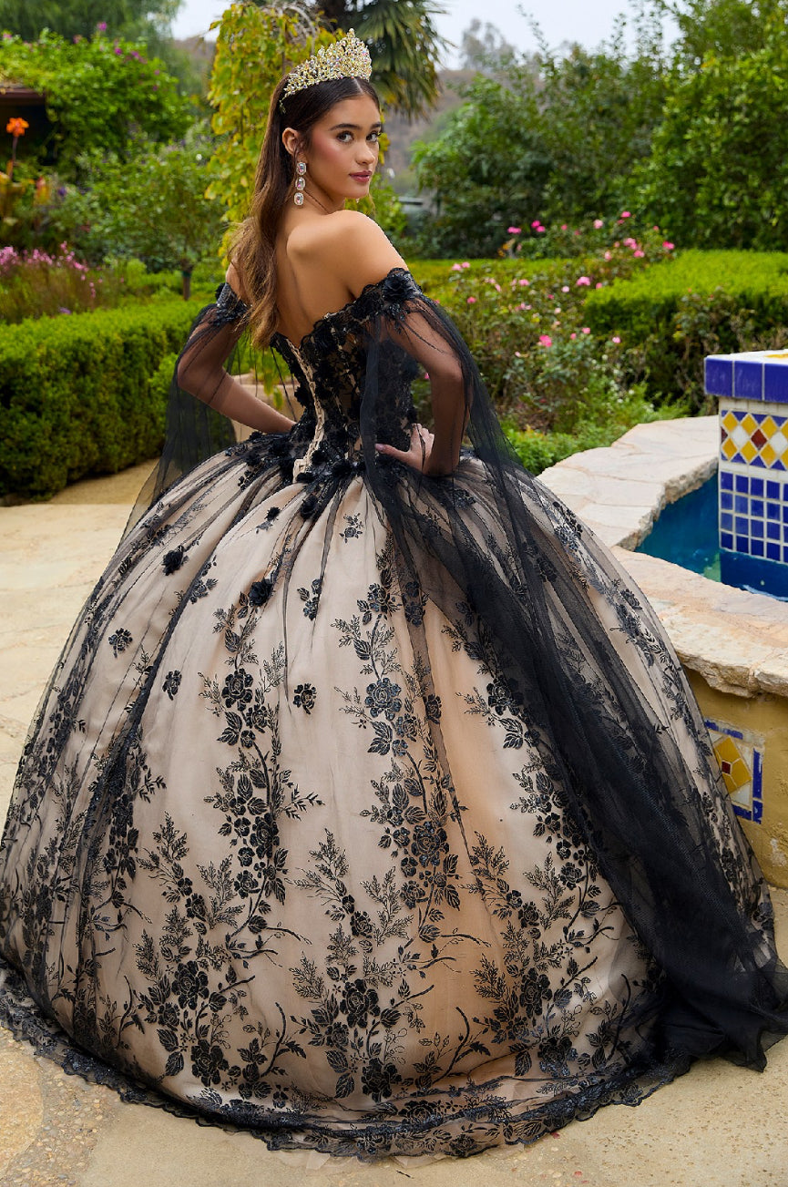 Embellished Mesh With 3-D Floral Applique Glitted. Quinceanera Gown w/ Mesh Sleeves. Gl3500 GLS by Gloria