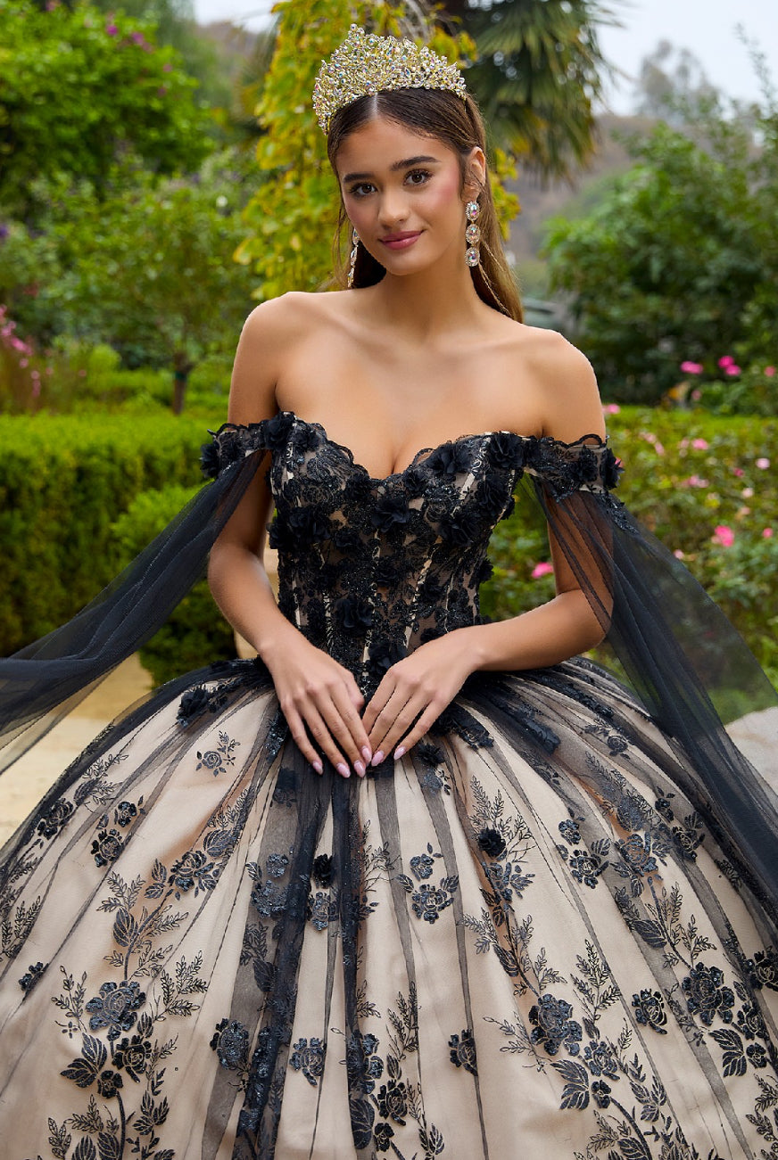 Embellished Mesh With 3-D Floral Applique Glitted. Quinceanera Gown w/ Mesh Sleeves. Gl3500 GLS by Gloria
