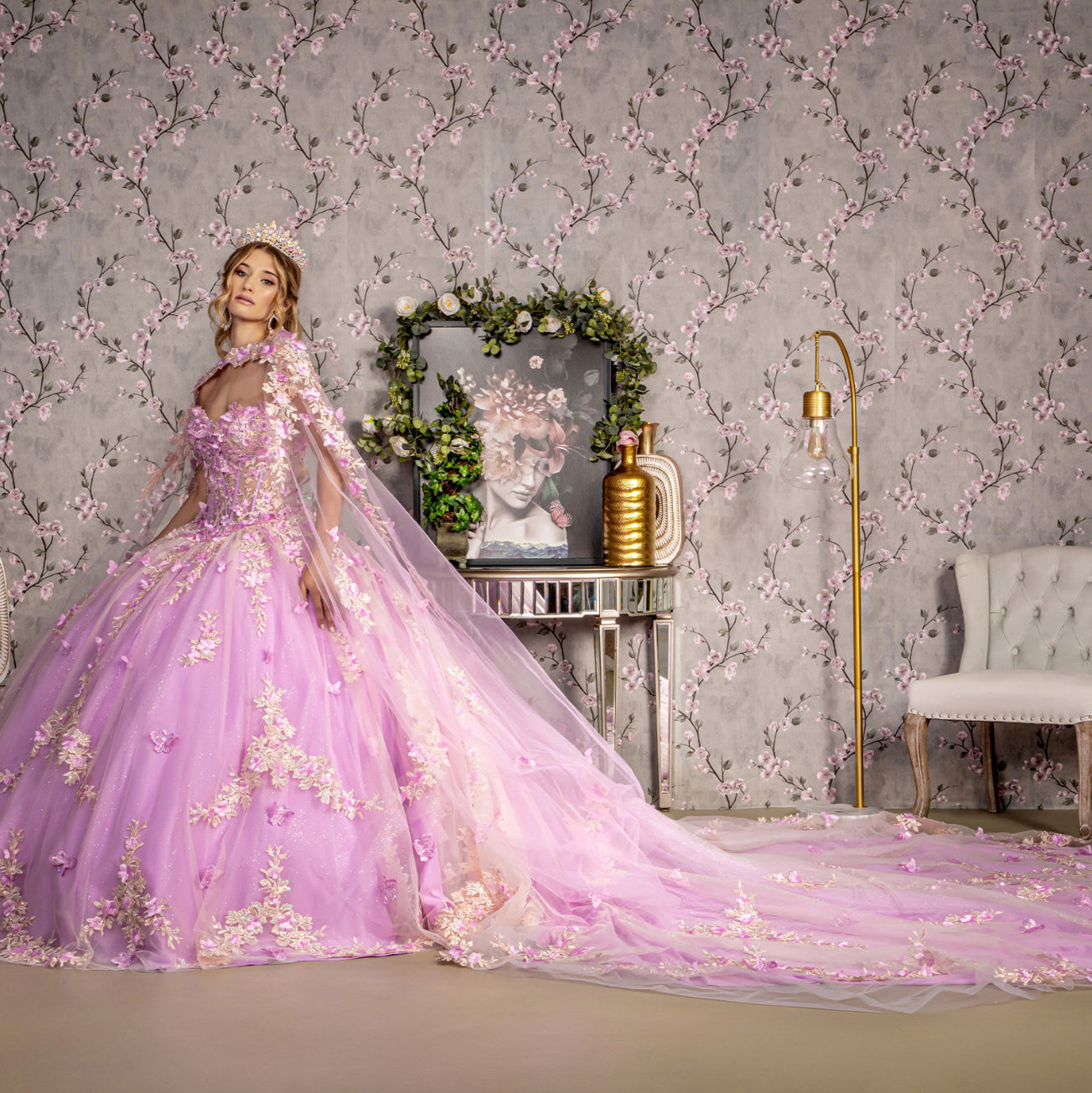 Sheer Bodice Strapless Sweetheart Mesh Ball Gown w/ Side Mesh Long Drapes. GL3467 GLS by Gloria