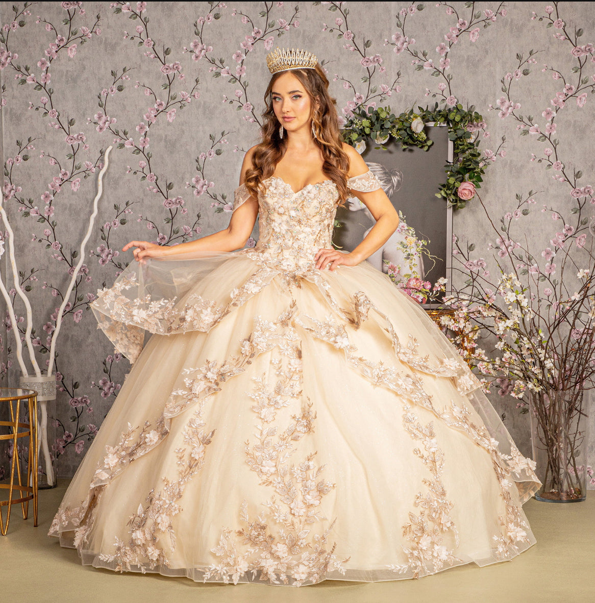 Jewel Sequin Sweetheart Off Shoulder Mesh Ball Gown. Gl3240 GLS by Gloria
