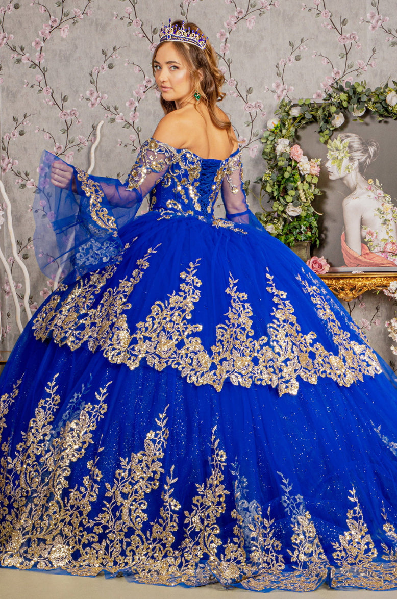 Gold Sequin Off Shoulder Mesh Ball Gown w/ Detachable Long Sleeves. Gl3184 GLS by Elizabeth K