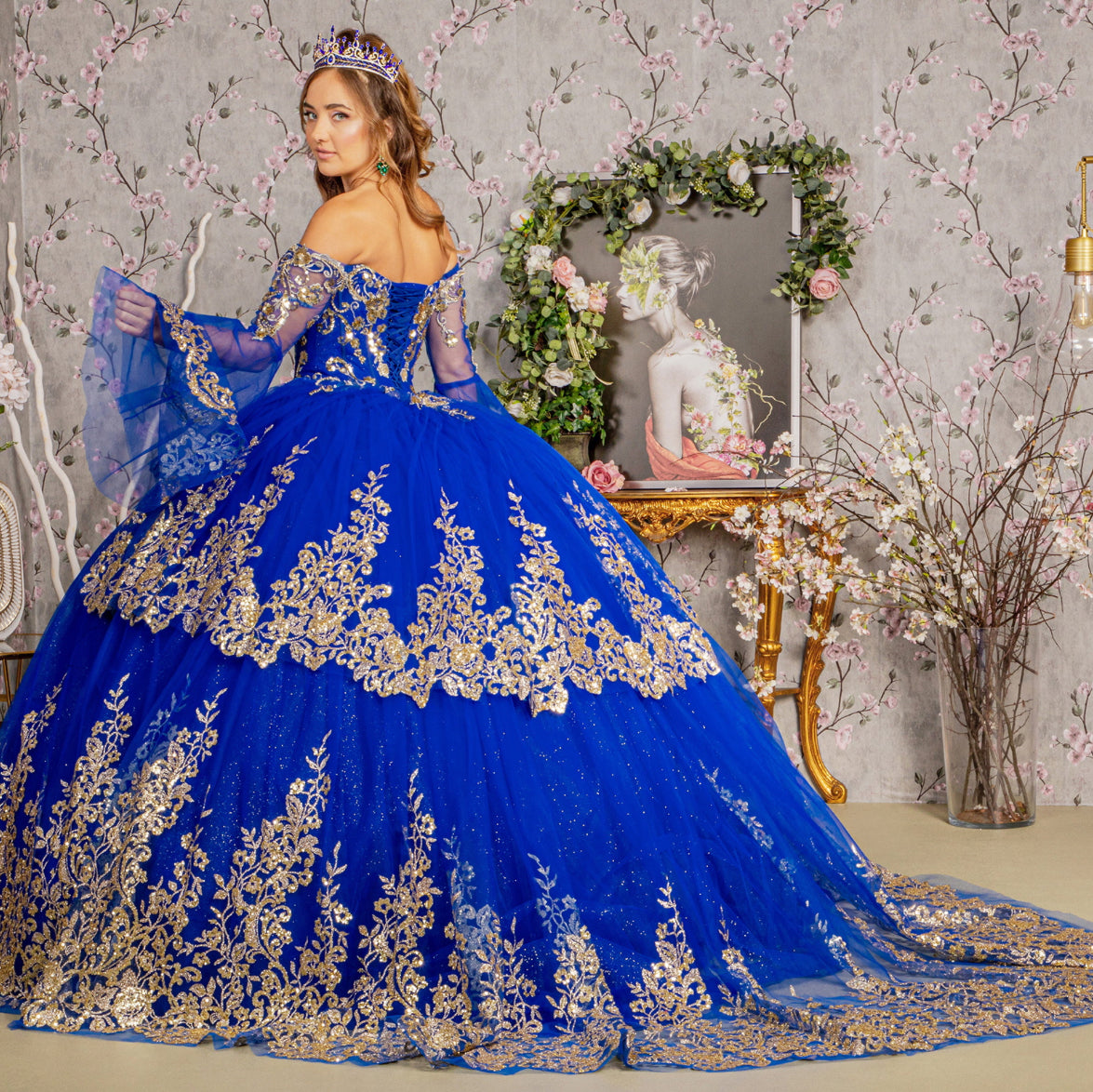 Gold Sequin Off Shoulder Mesh Ball Gown w/ Detachable Long Sleeves. Gl3184 GLS by Elizabeth K