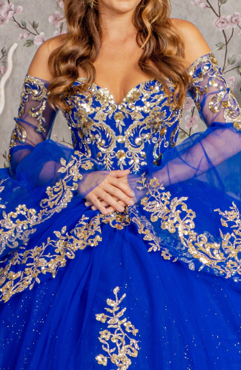 Gold Sequin Off Shoulder Mesh Ball Gown w/ Detachable Long Sleeves. Gl3184 GLS by Elizabeth K