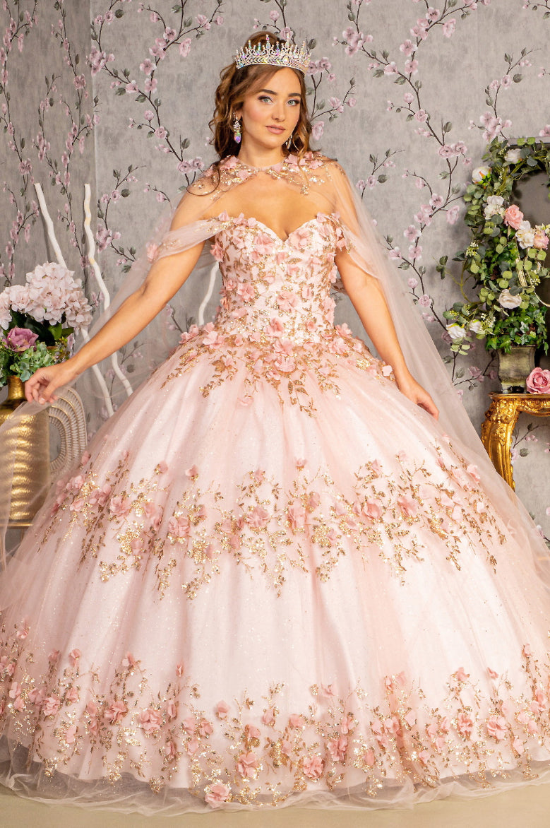 Glitter 3-D Flower Applique Mesh Quinceanera Gown w/ Long Mesh Cape. GL3179 GLS by Elizabeth K