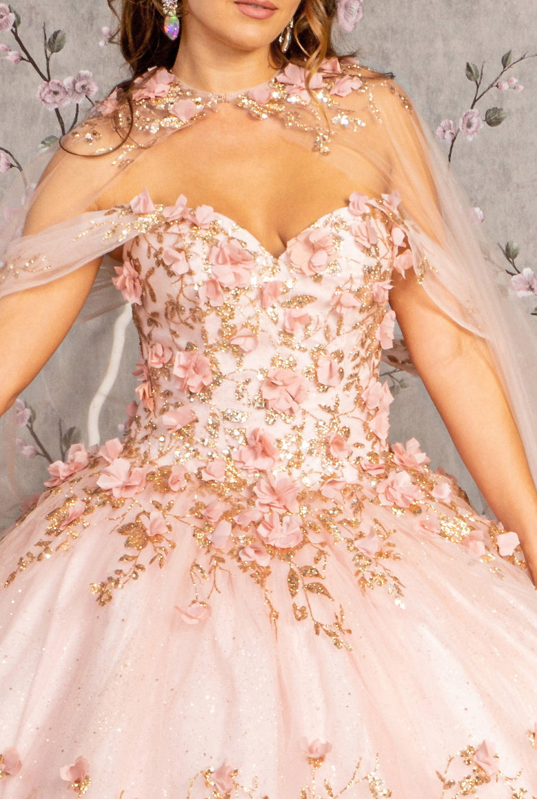 Glitter 3-D Flower Applique Mesh Quinceanera Gown w/ Long Mesh Cape. GL3179 GLS by Elizabeth K
