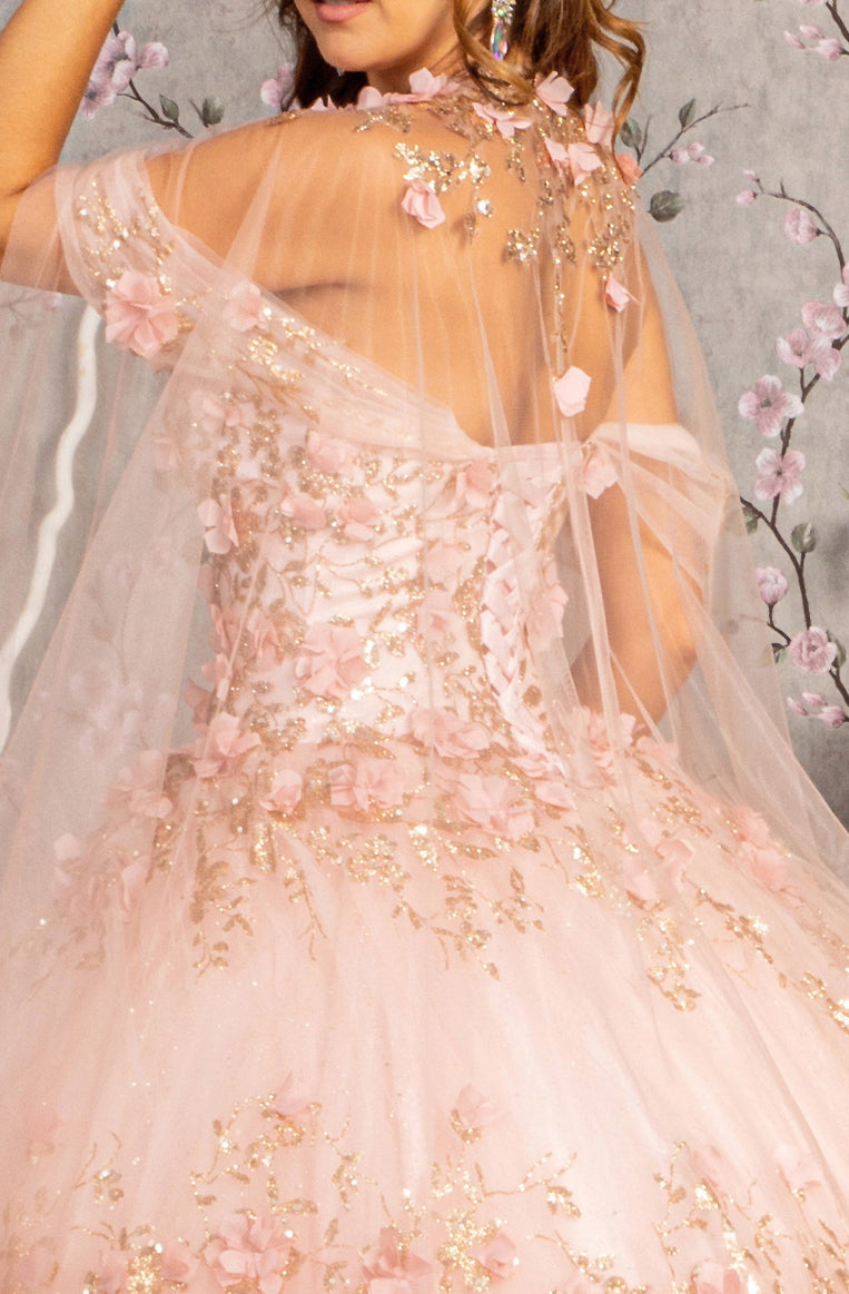 Glitter 3-D Flower Applique Mesh Quinceanera Gown w/ Long Mesh Cape. GL3179 GLS by Elizabeth K