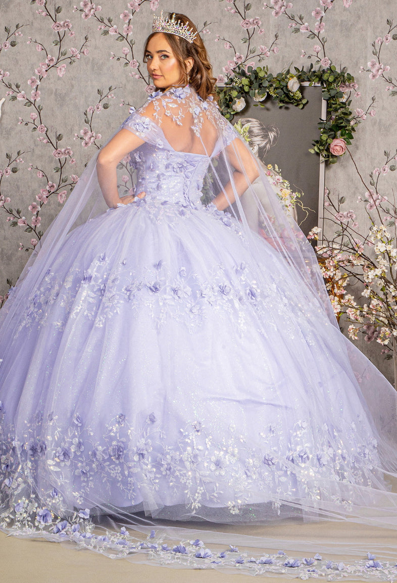 Glitter 3-D Flower Applique Mesh Quinceanera Gown w/ Long Mesh Cape. GL3179 GLS by Elizabeth K
