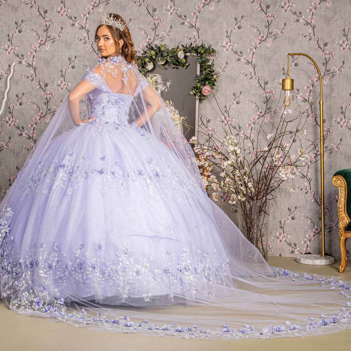 Glitter 3-D Flower Applique Mesh Quinceanera Gown w/ Long Mesh Cape. GL3179 GLS by Elizabeth K