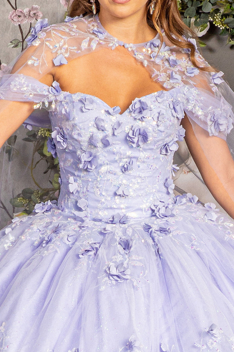 Glitter 3-D Flower Applique Mesh Quinceanera Gown w/ Long Mesh Cape. GL3179 GLS by Elizabeth K