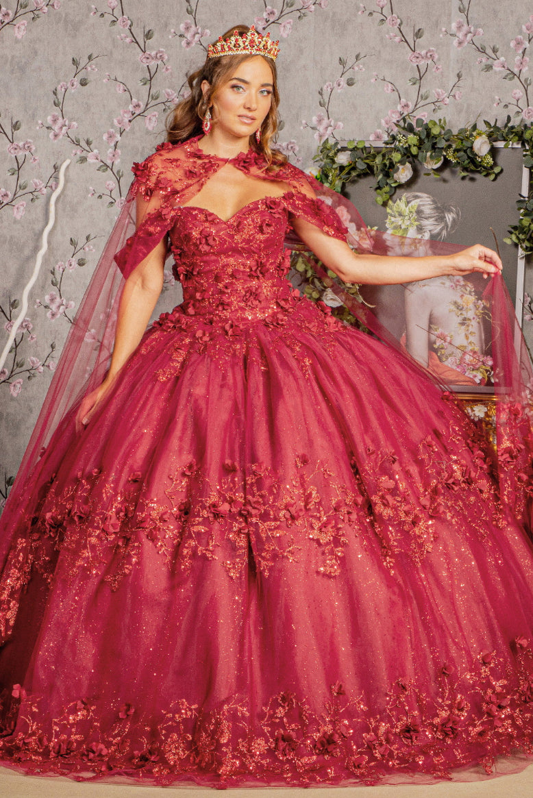 Glitter 3-D Flower Applique Mesh Quinceanera Gown w/ Long Mesh Cape. GL3179 GLS by Elizabeth K