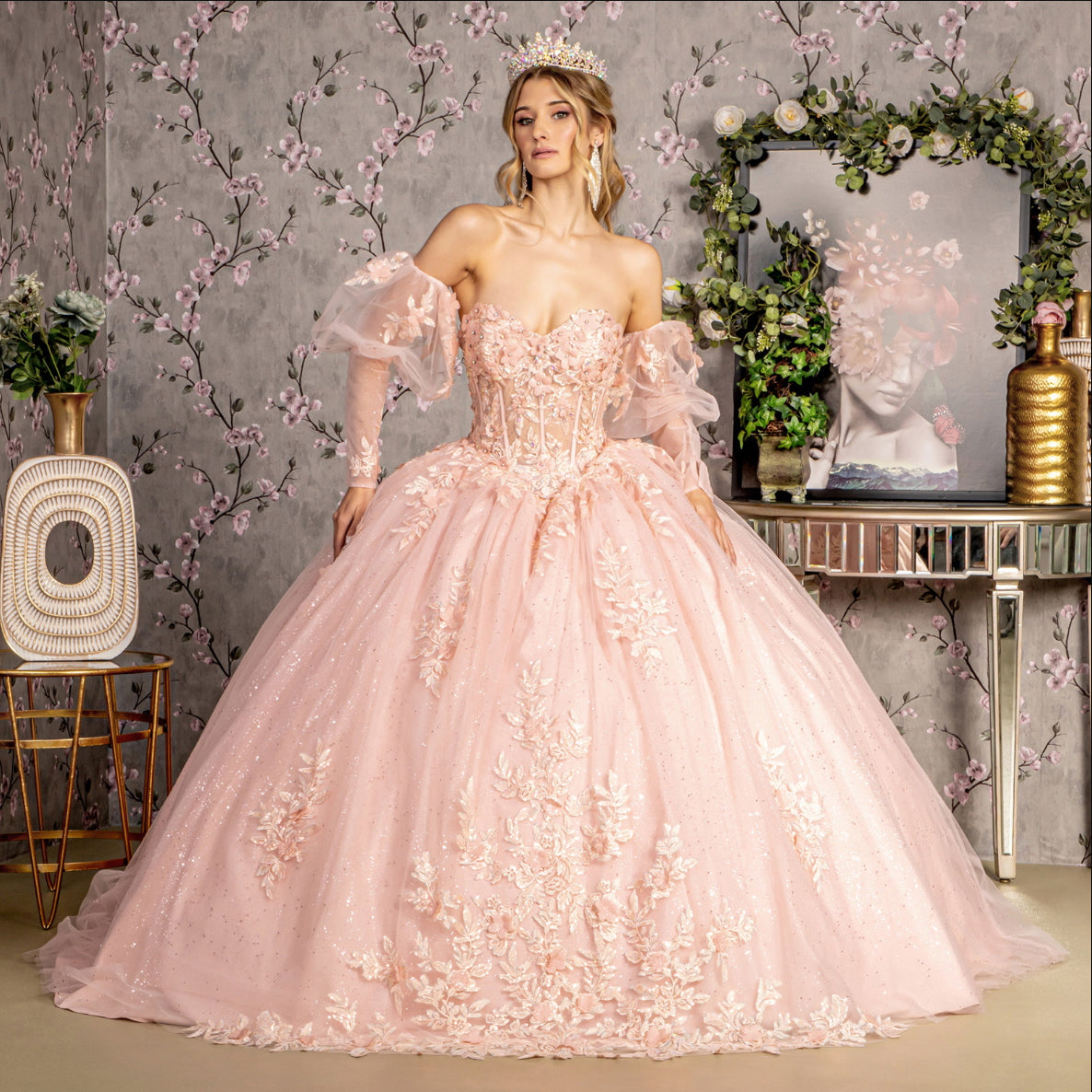 Glitter Embroidery Sheer Bodice Mesh Ball Gown w/ Long Puff Sleeves. GL3476 GLS by Gloria