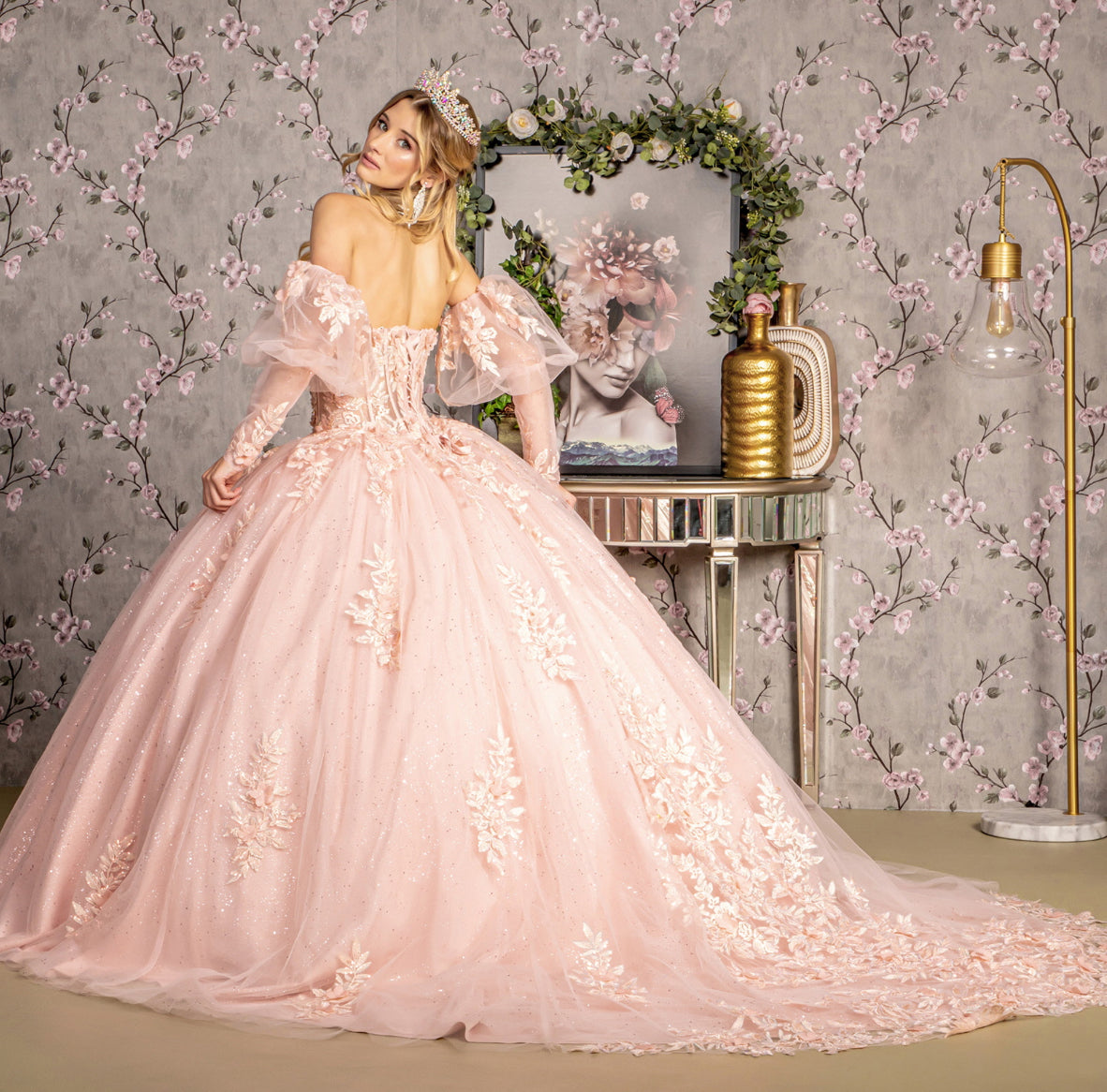Glitter Embroidery Sheer Bodice Mesh Ball Gown w/ Long Puff Sleeves. GL3476 GLS by Gloria
