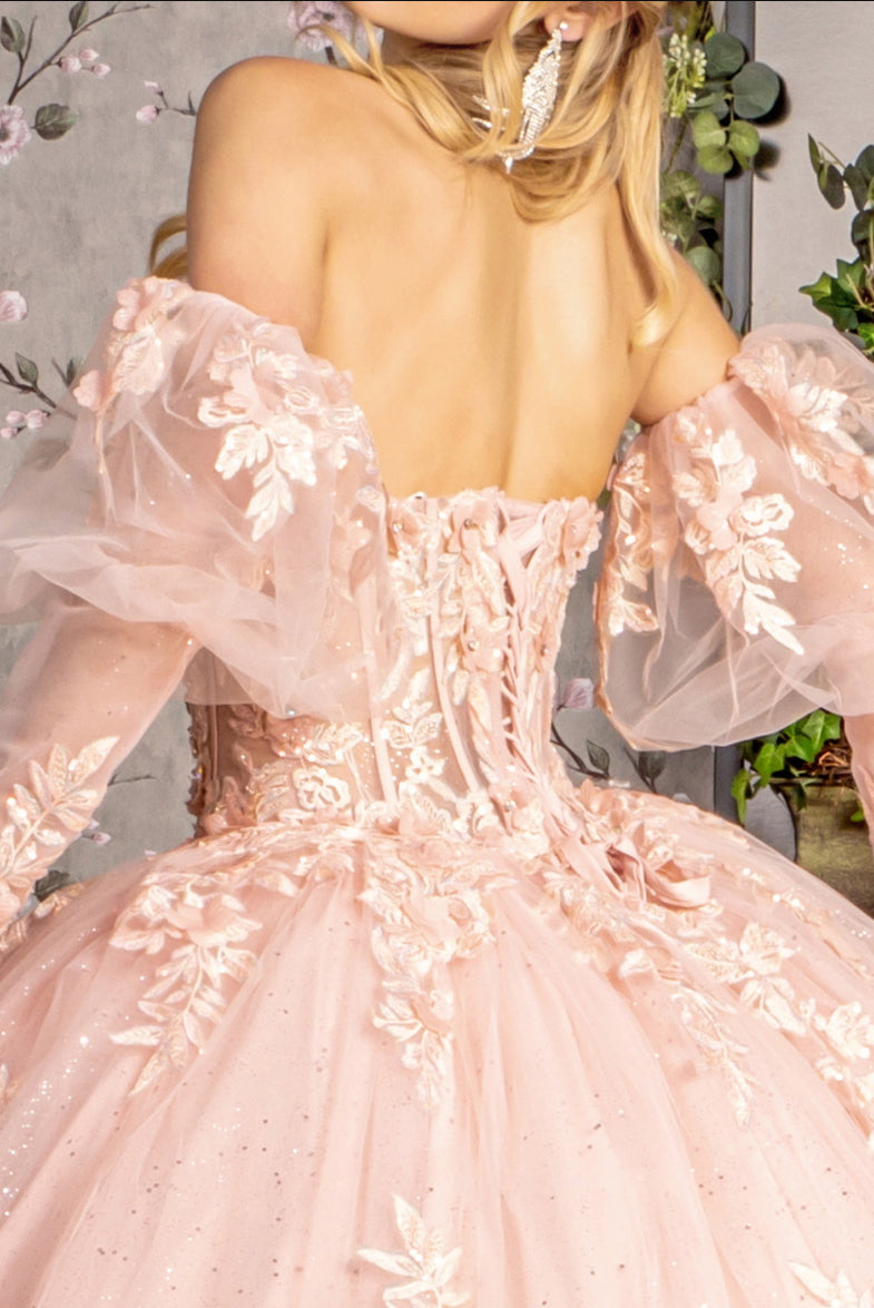 Glitter Embroidery Sheer Bodice Mesh Ball Gown w/ Long Puff Sleeves. GL3476 GLS by Gloria