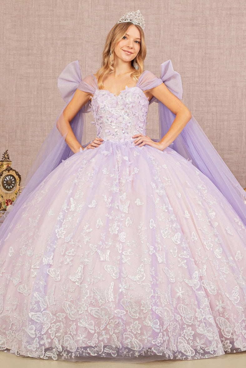 Jewel Glitter Quinceanera Gown w/ Long Mesh Layer and Ribbons. GL3175 GLS by Elizabeth K
