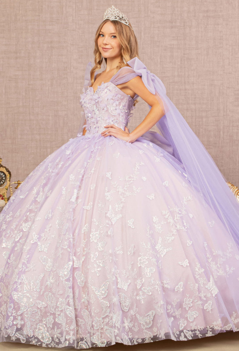 Jewel Glitter Quinceanera Gown w/ Long Mesh Layer and Ribbons. GL3175 GLS by Elizabeth K