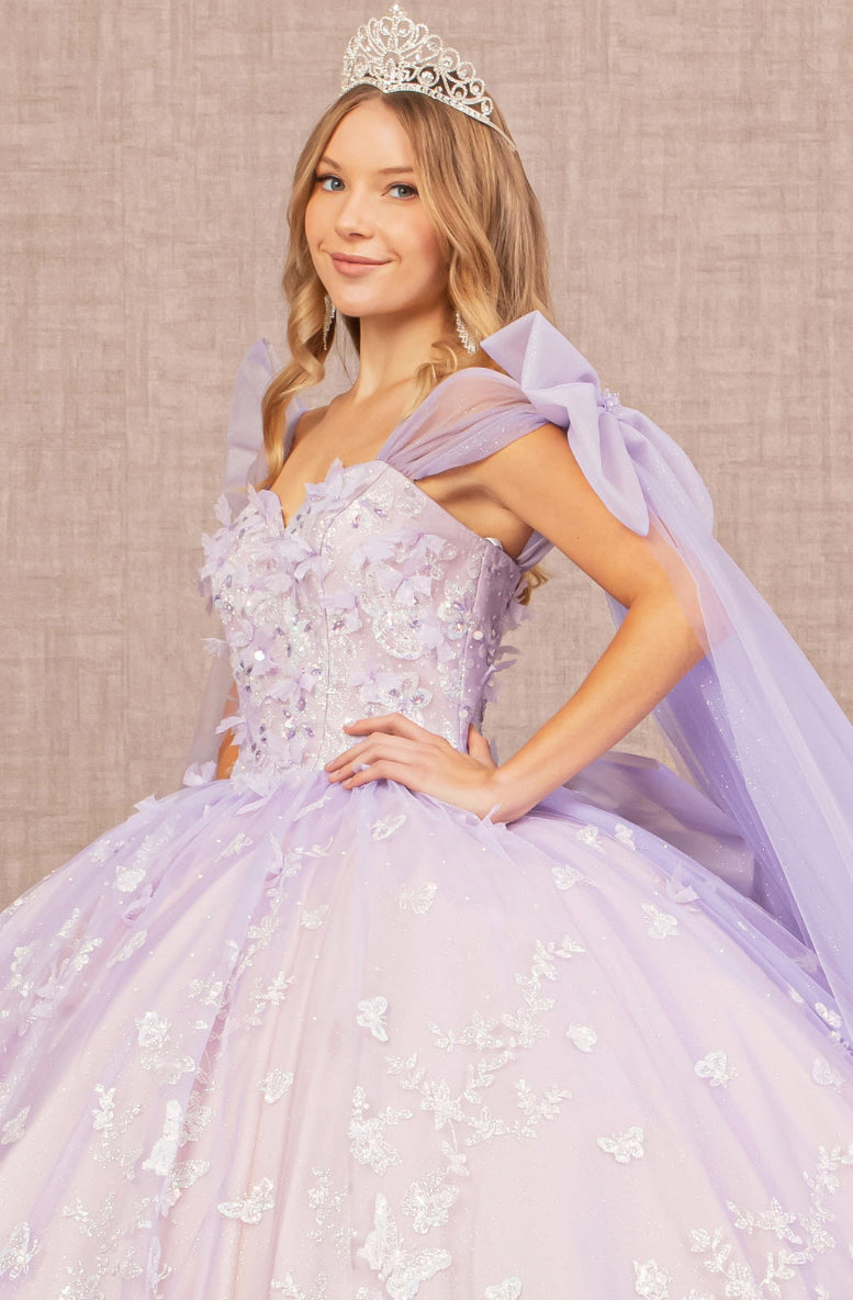 Jewel Glitter Quinceanera Gown w/ Long Mesh Layer and Ribbons. GL3175 GLS by Elizabeth K