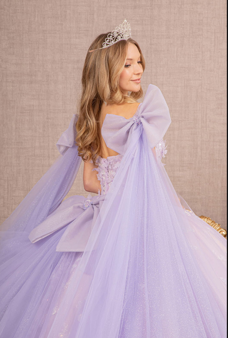 Jewel Glitter Quinceanera Gown w/ Long Mesh Layer and Ribbons. GL3175 GLS by Elizabeth K