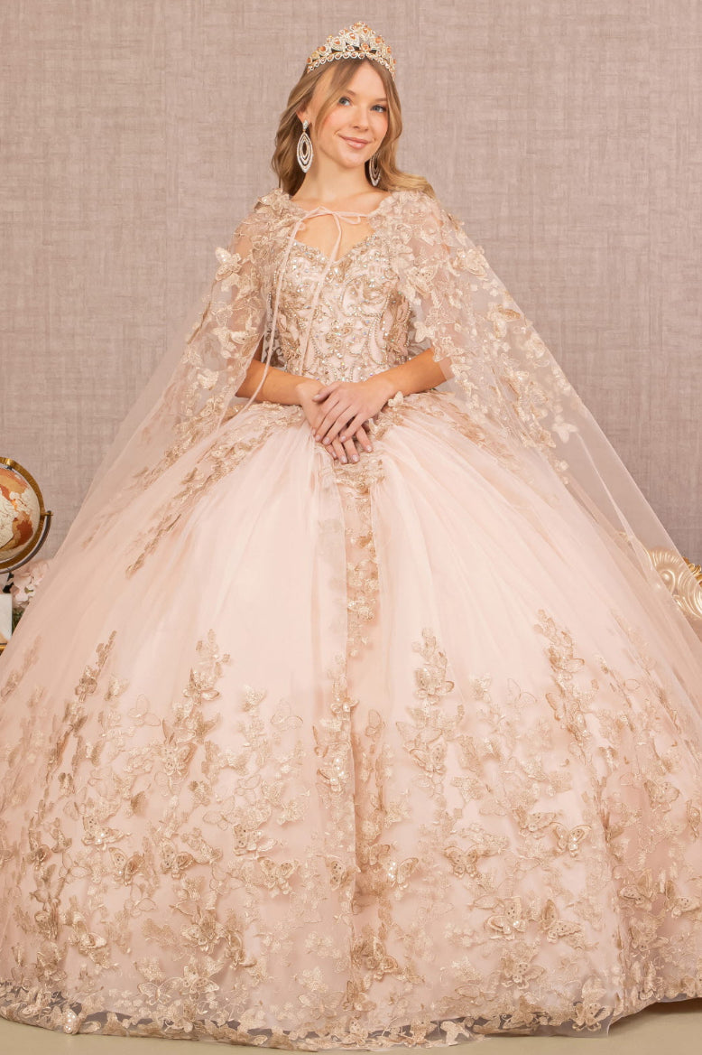 Jewel Mesh Quinceanera Gown w/ 3-D Butterfly Appliques and Long Mesh Cape. GL3104 GLS by Elizabeth K