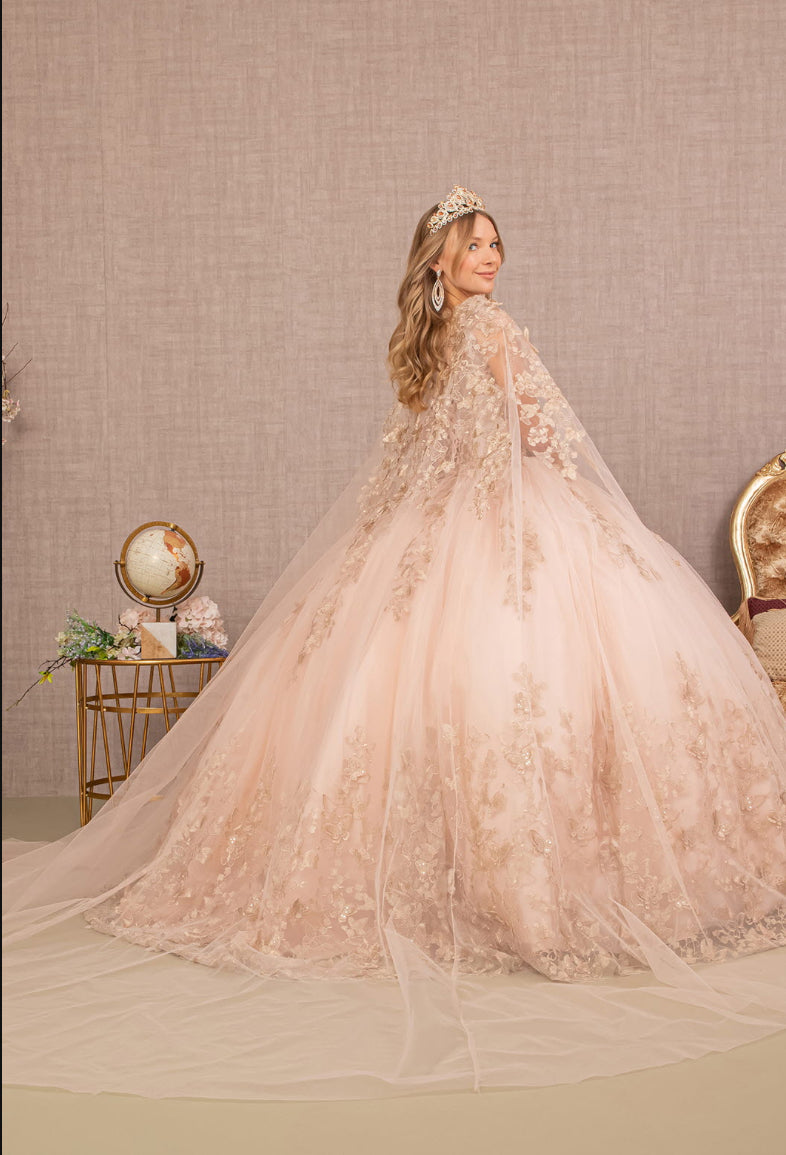 Jewel Mesh Quinceanera Gown w/ 3-D Butterfly Appliques and Long Mesh Cape. GL3104 GLS by Elizabeth K