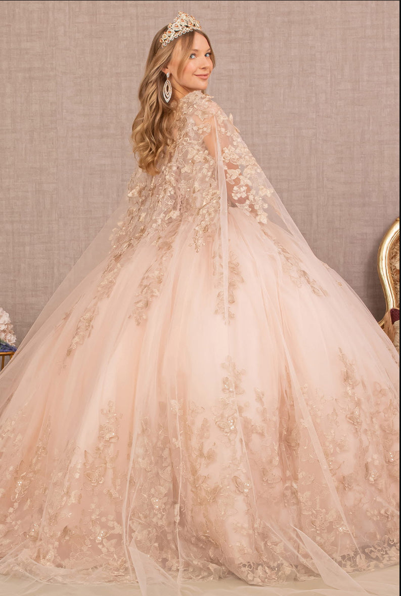 Jewel Mesh Quinceanera Gown w/ 3-D Butterfly Appliques and Long Mesh Cape. GL3104 GLS by Elizabeth K
