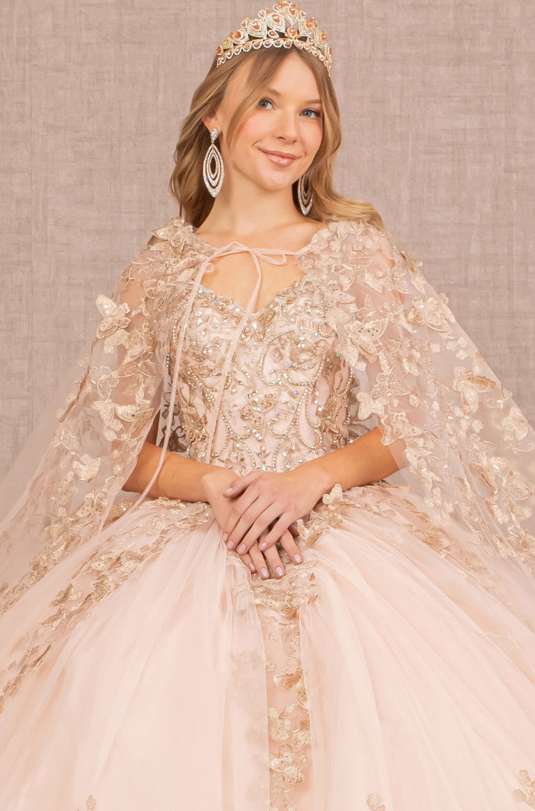 Jewel Mesh Quinceanera Gown w/ 3-D Butterfly Appliques and Long Mesh Cape. GL3104 GLS by Elizabeth K