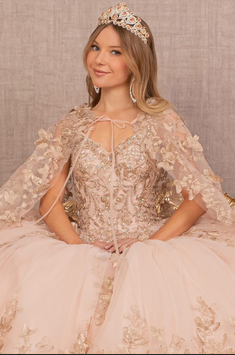 Jewel Mesh Quinceanera Gown w/ 3-D Butterfly Appliques and Long Mesh Cape. GL3104 GLS by Elizabeth K