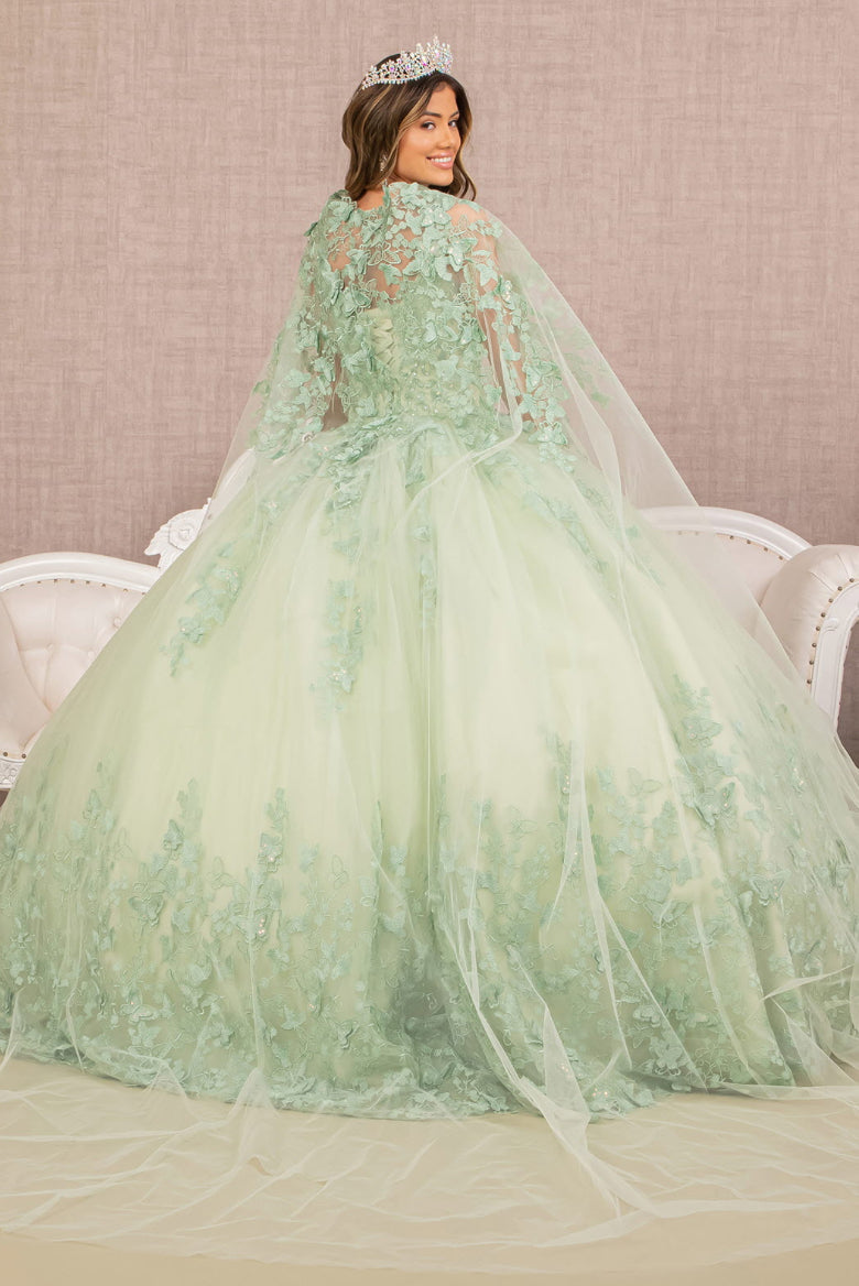 Jewel Mesh Quinceanera Gown w/ 3-D Butterfly Appliques and Long Mesh Cape. GL3104 GLS by Elizabeth K