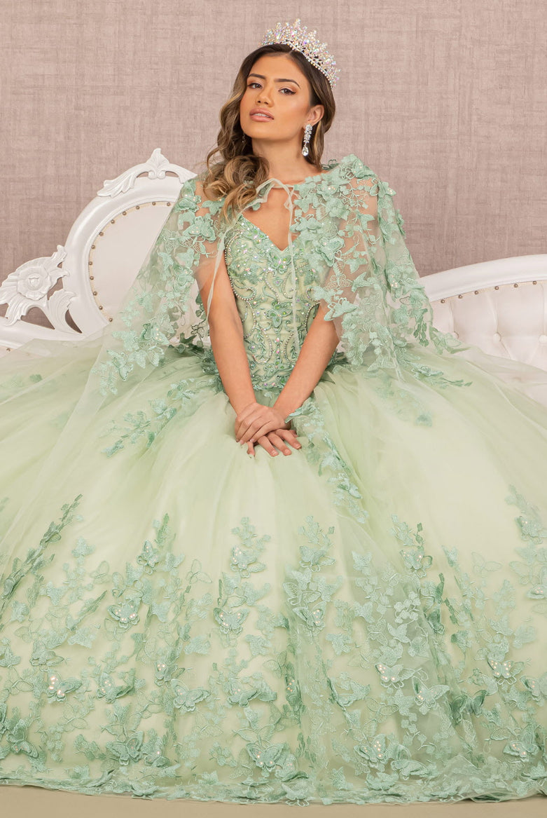 Jewel Mesh Quinceanera Gown w/ 3-D Butterfly Appliques and Long Mesh Cape. GL3104 GLS by Elizabeth K