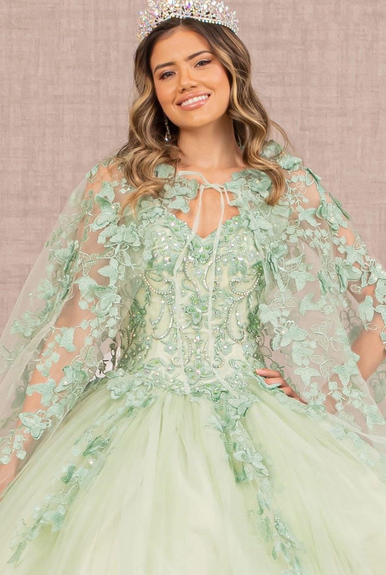 Jewel Mesh Quinceanera Gown w/ 3-D Butterfly Appliques and Long Mesh Cape. GL3104 GLS by Elizabeth K