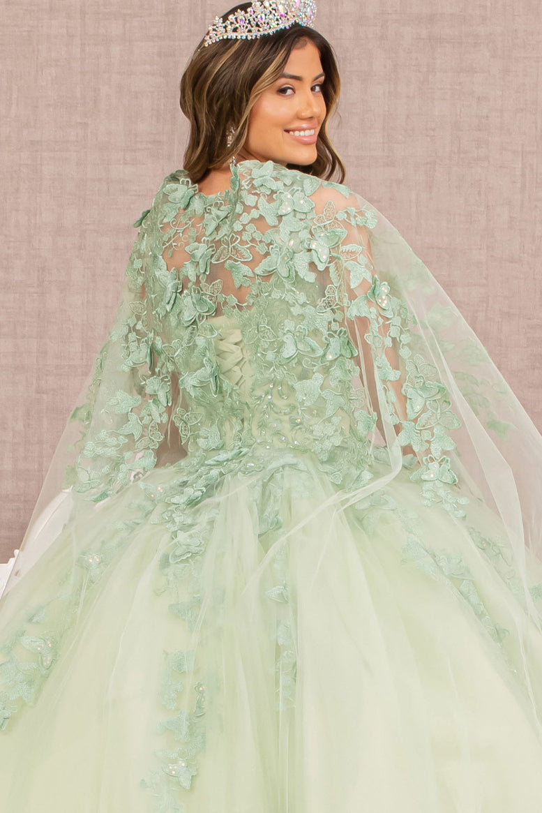 Jewel Mesh Quinceanera Gown w/ 3-D Butterfly Appliques and Long Mesh Cape. GL3104 GLS by Elizabeth K